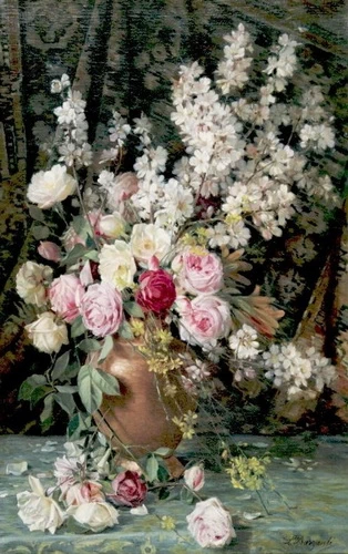 Natura morta con rose e fiori di ciliegio